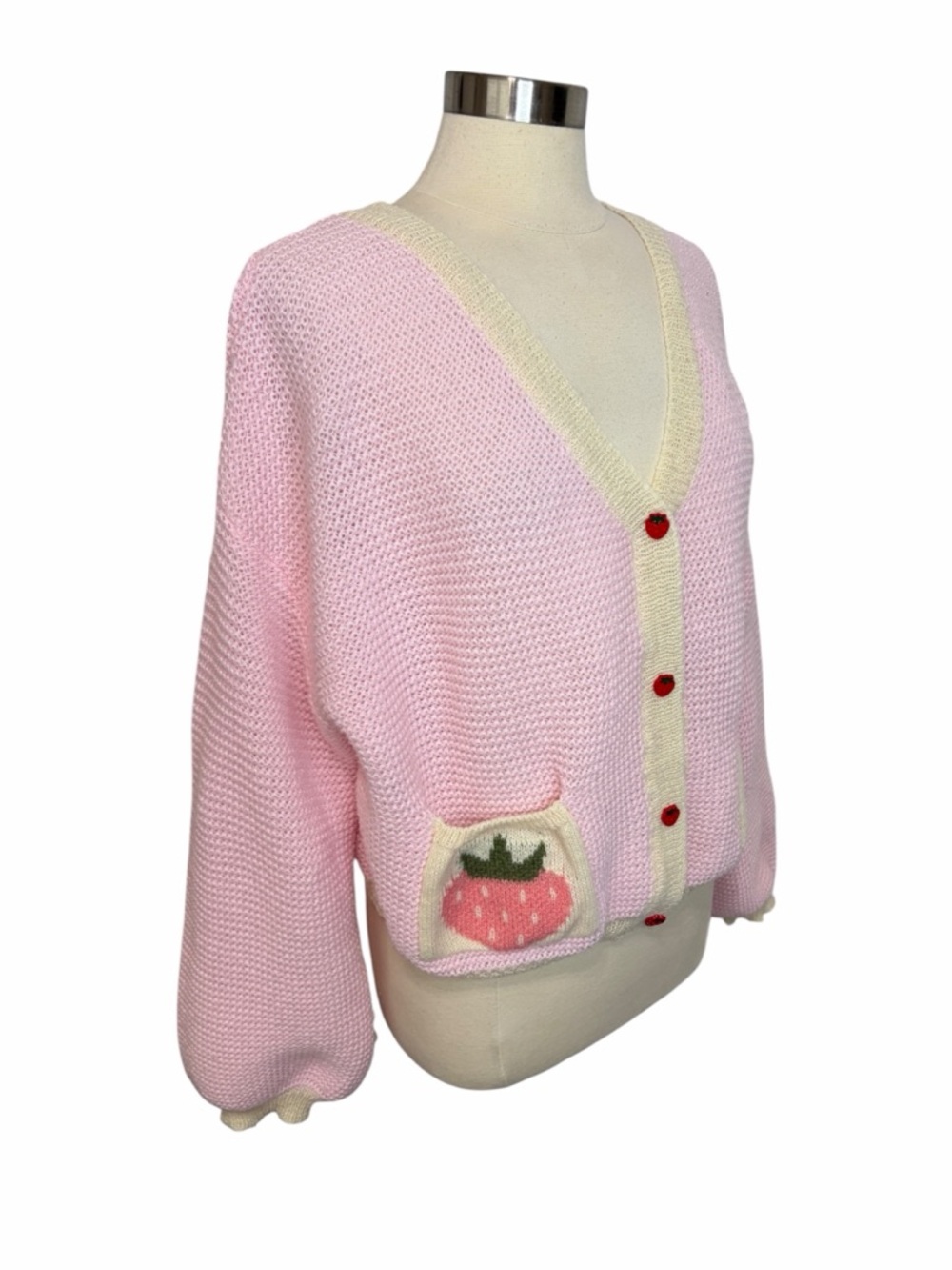 ROMWE Kawaii Strawberry Pattern Bishop Sleeve Sweater Cardigan, Large - Picture 7 of 12